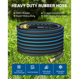 DEWENWILS 5/8" x 50FT Heavy Duty Garden Hose, 300psi Working & 1000psi Burst, Solid Brass 3/4" GHT Fittings, Hot/Cold Water, 5 Layer Construction, Rubber Water Hose for Yard, Garden, Lawn