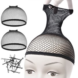 AC061-2P (Open Fishnet Mesh Wig Caps, Bobby Pins - 2 Packs) - Wig Accessory in AC-BLACK