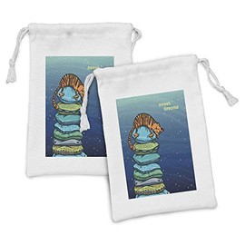 Lunarable Cat Fabric Pouch Set of 2, Tabby Kitten Sleeping over a Tower Colored Pillows in Starry Night Dreams Print, Small Drawstring Bag for Toiletries Masks and Favors, 9" x 6", Multicolor