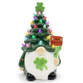St Patricks Day Ceramic Gnome Tree, Light up St Patricks Day Decorations for the Home Gnome St Patricks Day Table Decor with Pastel Colored LED Light, Holiday Decor Figurines Collectione- 8.6''h Large