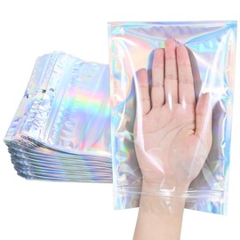 100 Pack Holographic Resealable Plastic Bags for Food Storage, Zipper Bags with Clear Front Window, Packaging Pouch for Small Business (6.4x9.6 inch)
