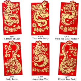 24PCS Chinese New Year Money Envelopes, Lucky Red Envelopes with Gold Foil, 2024 Dragon Year Red Pocket for Kids Adults, Chinese Spring Festival Red Envelopes for All Occations