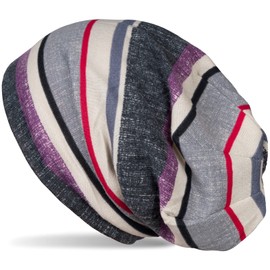 styleBREAKER 04024194 Unisex Fine Knit Beanie Hat with Colourful Striped Pattern, Lightweight Long Beanie, Multicoloured Striped, Purple/grey/beige