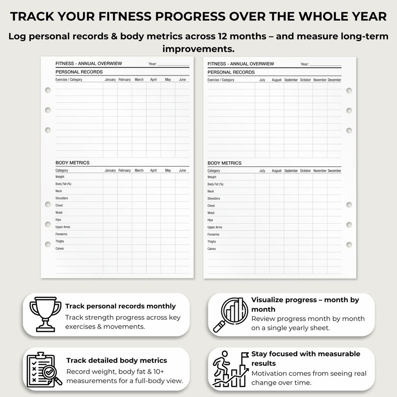 KOMPASS Fitness Planner, A5 Workout & Progress Tracking Inserts, 25