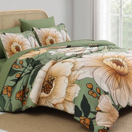Xruibed King Comforter Set 7 Pieces Green Floral Comforter Set King Size Bed in a Bag Flower Bedding Sets Lightweight Boho Bed Set with Sheet,Pillowcases&Shams for All Season