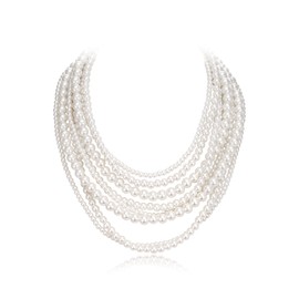 EleQueen Created Pearl Strand Chain Beads Choker Multilayer Necklace, Statement Cluster Flapper Long Choker Necklace for Women