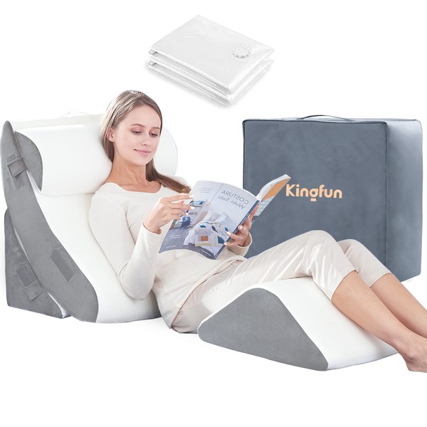 Kingfun 4pcs Orthopedic Bed Wedge Pillow Set for Post Surgery, Memory Foam for Sleeping, Adjustable Leg, Back and Arm Support, Sitting Up and Rest Pillow with Travel Bag