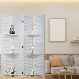 MKDLUFEI 4 Panel Wooden Room Diveider Foldabel Privacy Screen with Shelves for Home Office 68.5 Inches Tall Divider for Room Separation Wall Divider Room Divider Panel，Nature