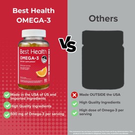 Best Health Omega-3 Gummies with 500mg of Omega-3 per Serving, Made from Algae, Natural Orange Flavor & Other Natural Flavors (60ct)