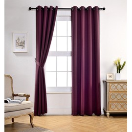 MIUCO Room Darkening Grommet Thermal Insulated Blackout Window Curtains Panels for Bedroom Set of 2 52x95 Inch Aubergine, Bonus 2 Tie Backs Included