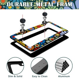 Colorful Hippie Flowers License Plate Frame - Women Car Plate Frame Holder Cover Cute Daisy Blossom Decorative Aluminum Car Tag Frames Fit US Vehicles