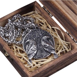 ZFSBRTL Viking Necklace Odin Raven Raven Pendant Men's Silver Stainless Steel Nordic Mythology Amulet Rune Celtic Jewellery Gift 60 cm Chain with Wooden Box, Stainless Steel