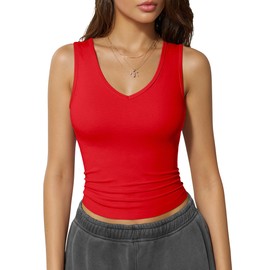 OQQ Women Shirts Sleeveless V Neck Stretch Clothes Basic Tank Tops Red