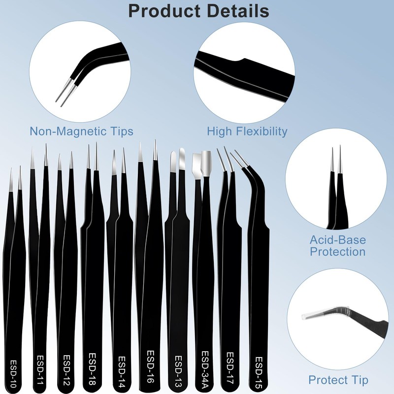 10Pcs Precision Tweezers Set, Non Magnetic Anti Static Stainless Steel