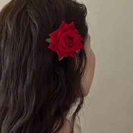 Xduargs Boho Red Rose Barrette Hair Clip Red Flower Pin Side Clip Fabric Flower Hairpin Vintage Rose Floral Hair Barrette Wedding Bridal Hair Accessories for Women Headdress
