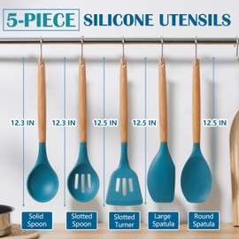 E-far Silicone Cooking Utensils Set, 5-Piece Kitchen Utensils Set with Wooden Handle for Cooking, Silicone Kitchen Nonstick Tools Spatula Turner Slotted Spoons, Nontoxic & Heat Resistant-Blue