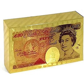 50 Pound Gold Foil Playing Cards Set, 24k Gold Plated Waterproof Poker Cards - Classic Game, Gifts for Family Party Game/Card Players/Magicians (British Pound with Wooden Box)