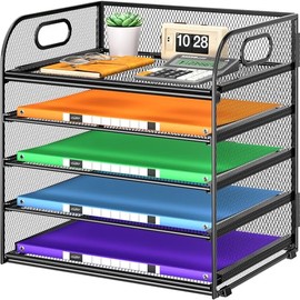 Cawukege Organizador de papel de 5 niveles con asa, organizador de escritorio de malla de metal negro, carpeta de archivos, bandeja de cartas, clasifi