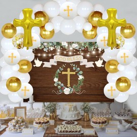 69 Pcs First Communion Decorations Rustic Wood Grain God Bless Party Christening Decor Kit Newborn Baptism Church Birthday Party Supplies