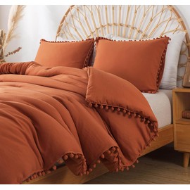 TanNicoor Terracotta Comforter Set Twin,2pcs (1 Pom Pom Fringe Comforter+1 Pillowcase),Vintage Ultra Soft Microfiber Burnt Orange Comforter Set,Luxurious Boho Aesthetic Rust Bedding Sets