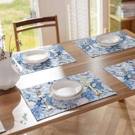 12"x18" White Blue Watercolor Peony Floral Placemats Set of 4 Washable Thick Place Mats Kitchen Table Mats Decorative Linen Fabric Table Mat for Dining Table Kitchen Home Decor