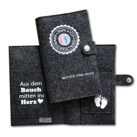 Maternity Log Cover Made of 100% Wool Felt, Mama + Papa = I, with Extra Inner Compartments and Closure, charcoal, Austria Deluxe