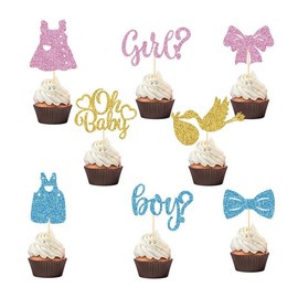 32Pcs Glitter Boy Or Girl Cupcake Toppers Gender Reveal Question Mark Oh Baby bow Clothes Onesie Dress Cupcake Picks for Gender Reveal Theme Baby Shower Kids Birthday Party