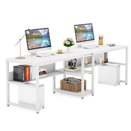 Tribesigns Two Person Desk with Bookshelf, 78.7 Computer Office Double Desk for Two Person, Rustic Writing Desk Workstation with Shelf for Home Office (White)