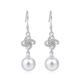 Ecripe Sterling Silver Pearl Dangle Earrings for Women, Four Leaf Lucky Clover Silver Drop Earrings with Cubic Zirconia, Hypoallergenic Pearl Earrings Gift for Girls