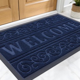 OLANLY Welcome Door Mat Indoor Outdoor Entrance, Heavy Duty Sturdy Front Door Mat, Waterproof All-Weather Doormat, Stain Resistant, Low Profile, Easy Clean Patio Entryway Mat, 29.5 x 17, Navy