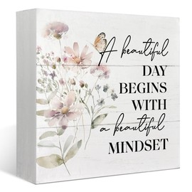 FLVGE Inspirational Wooden Box Sign Desk Decor,Motivational Sign,Cheer Up Gifts for Friends Women,A Beautiful Day Begins with A Beautiful Mindset Sign,5x5