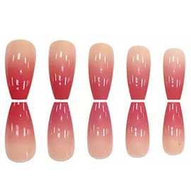 YAOBFFCAS Women's Glossy French Coffin Press on Nails, Gradient Pink Trapezoidal Fake Nails, Fashion Glue on False Nails, Gel Press on Nails Medium for Wedding and Party