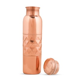 FURNISHFUL FINESSE Copper Water Bottle with Carry Bag, 960ml Natural Copper Bottle for Drinking, Ayurvedic Copper Vessel for Yoga, Meditation, Gym, Sports - 1 Pack Diamond Pattern