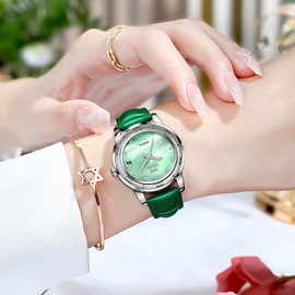 Ladies Analog Watch with Shell Face, Calendar, Stylish Embossed Leather Belt, Quartz Clock, Classic for Commuting, green, Retro