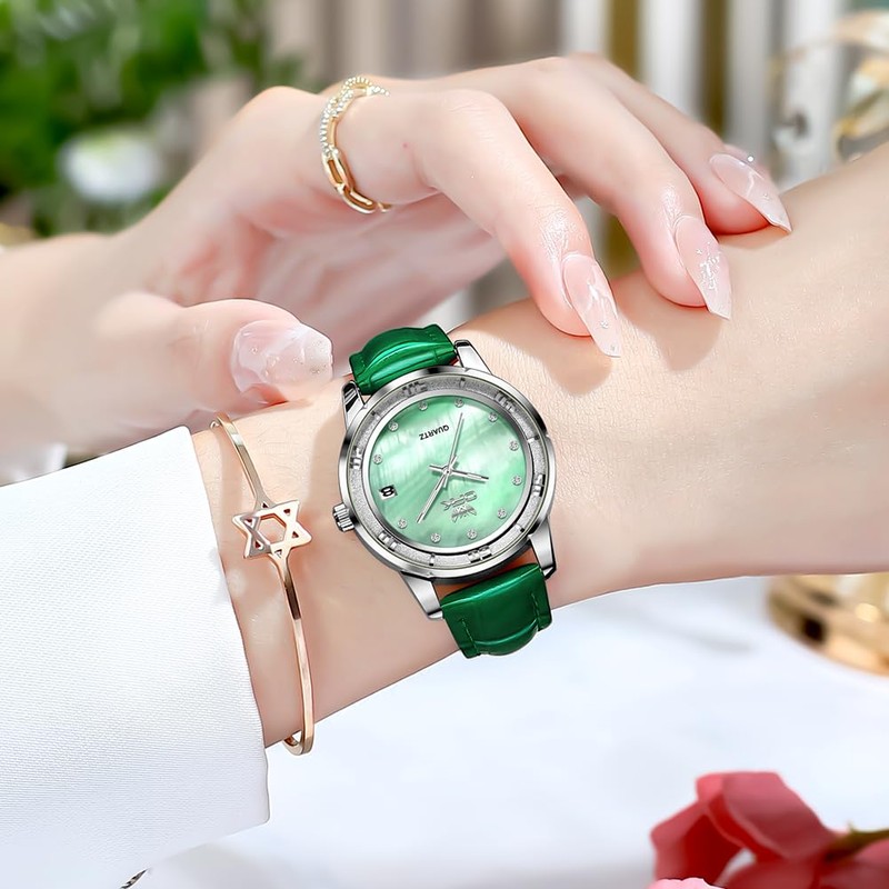 Ladies Analog Watch with Shell Face, Calendar, Stylish Embossed Leather