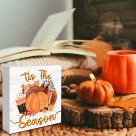 FUQWZ Tis the Season Fall Wooden Box Sign, Thanksgiving Decorations Autumn Decor, Indoor Decor For Desk Home Office, Fall Rustic Farmhouse Square Desk Decor Sign for Shelf 5 x 5. (031)