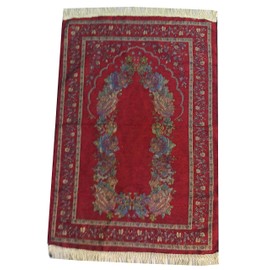 Islam Portable Sajadah Carpet Thin Prayer Mat Janamaz AMN-211 Floral Design Chenille Worship Blanket Travel Rug Namaz Area Muslim Gift (Red)