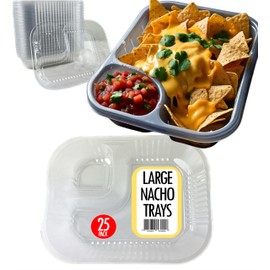 Disposable Plastic Nacho Trays with 2 Compartments - 22oz Crystal Clear Nachos Trays for Cheese Dip, Concession Stands, Movie Nights & Sports Parties - Leak-Resistant & Freezer Safe… (25 pack)