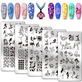 PH PandaHall 5pcs Mermaid Nail Art Templates, 99 Patterns Flamingos Fish Nail Stamping Plate Flower Leaf Nail Art Stencils Stainless Steel Nail Image Plates for Nail Design Print Manicure Salon