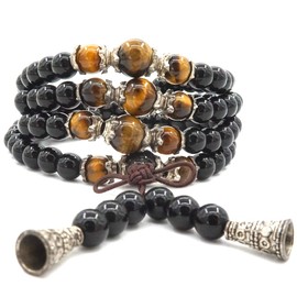 Thajaling 6MM Obsidian Bracelet 108 Beads Mala Tibetan Buddhist Buddha Tiger eye Necklace