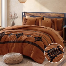 MaiRêve Burnt Orange Embroidery Comforter Sets Full Size - 7 Pieces, Farmhouse Western Boho Comforter Set, All Season Bed in A Bag Full Size with Sheets, Pillowcases & Shams