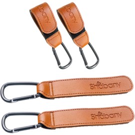 Shabany® Hook Pack of 2 Universal Fit | Holder Pendant for Pram Hooks | Adjustable Robust Stable Velcro Carabiner Hook Bag Holder | Brown