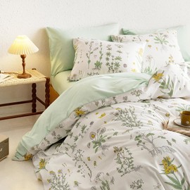 Lanqinglv Bed Linen Set, 200 x 200 cm, Green/White Leaves, Floral Pattern, Plants, Reversible, Colourful, Microfibre, Renforcé Duvet Cover with Zip, 2 Pillowcases, 80 x 80 cm