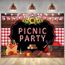 Withu Picnic Party Backdrop Wooden Red White Checkered Mat String Lights BBQ Photography Background Sunflower Outdoor Barbecue Decorations Banner Photo Booth Props 8x6ft