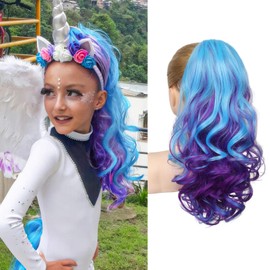 SEIKEA Ponytail Extension, 16" Lightweight Wavy Curly Clip in Hair Extensions, Colored for Kids, Crazy Hair Day Accessories for Girls Synthetic Hairpiece Blue Purple