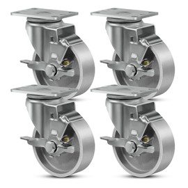 SY America 4" Heavy Duty Casters Set of 4,Cast Iron Semi-Steel Caster Wheels,Metal Industrial Casters,1600 LB Capacity-4 Brake