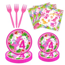 Miruwtog 80ps 4th Birthday Decorations Girl Dinosaur,Roar Im 4 Dinosaur Party Decorations, Dino Four Birthday Decorations Girl.
