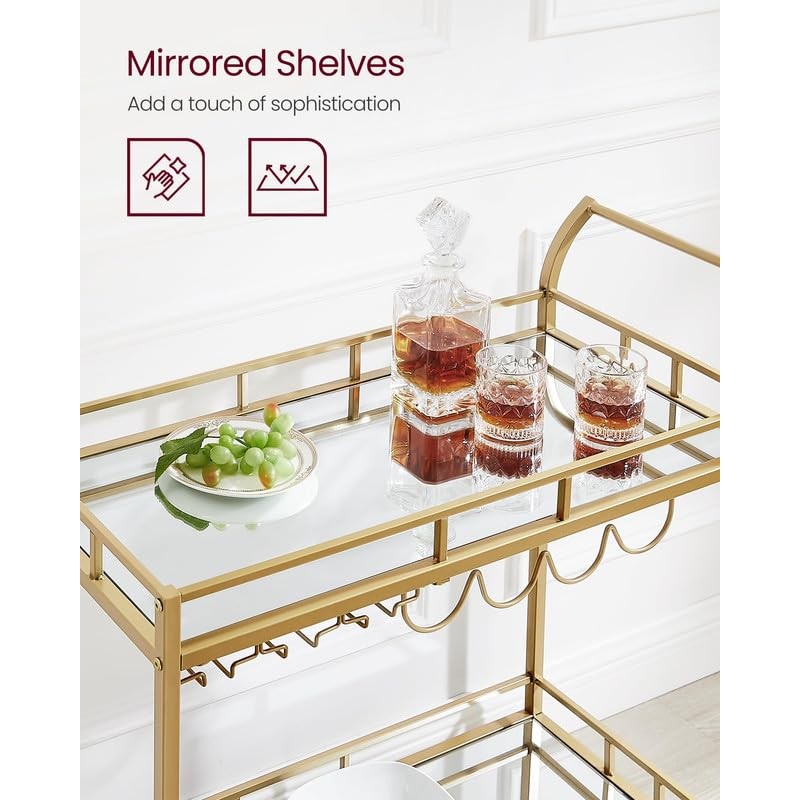 VASAGLE Bar Cart Gold, Home Bar Serving Cart, Wine Cart