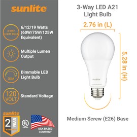 Sunlite 70328 3-Way LED A21 Light Bulb, 6/12/19 Watts (60W 75W 125W Equivalent), 800-1500-2100 Lumens, Medium E26 Base, Omni-Directional, UL Listed, Frost, 4000K Cool White, 1 Count