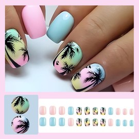 24 Pcs Blue Pink Press on Nails Extra Short Square,LINMEIZAI Ombre Fake Nails Press ons Nail Tip Glue on Nails Full Cover Acrylic Nail Kit False Nail with Summer Coconut Tree Nail Art Design for Women